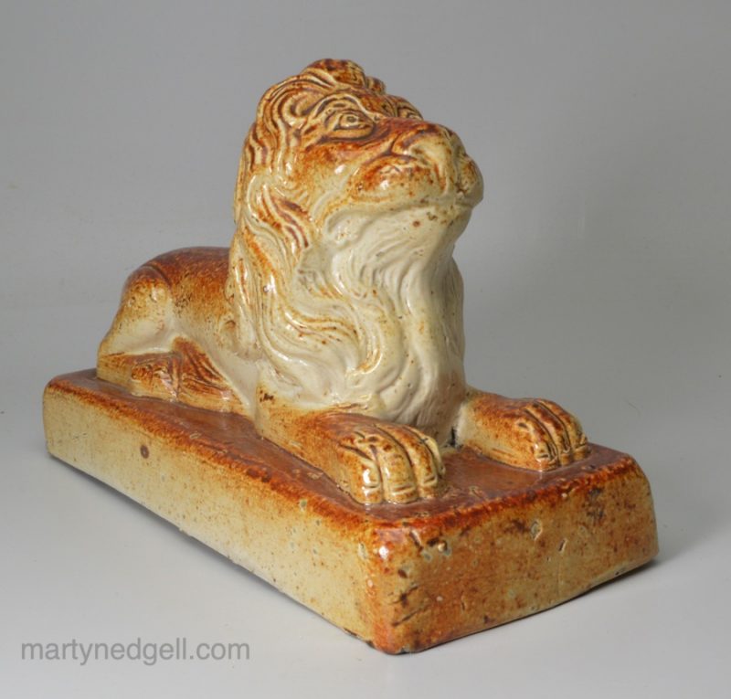 Saltglaze stoneware model of a lion, circa 1840, probably Brampton Pottery