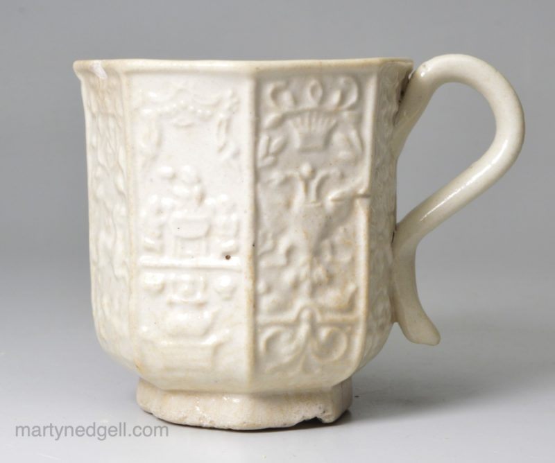 Staffordshire white salt glaze stoneware cup, circa 1760