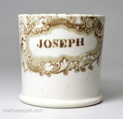 Pearlware pottery child's mug 'JOSEPH', circa 1840