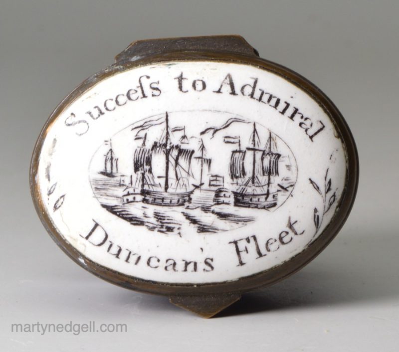 Bilston enamel commemorative patch box 'Success to Admiral Duncan's Fleet', circa 1797