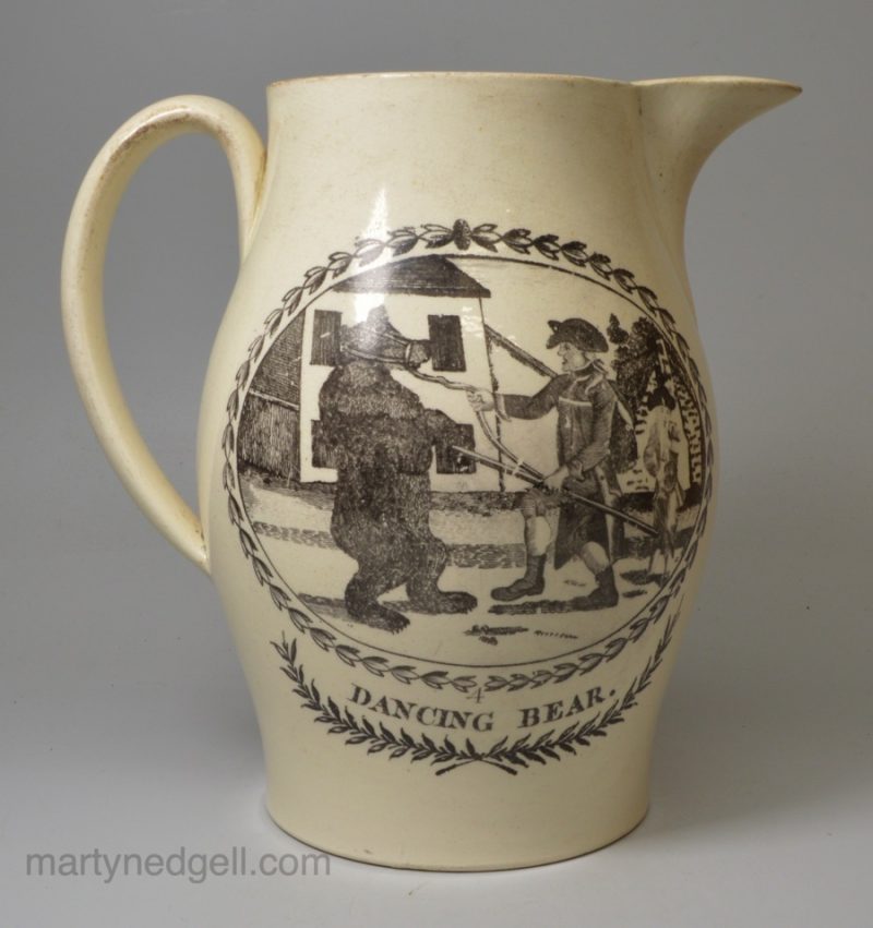 Creamware pottery jug decorated with prints 'DANCING BEAR' and 'GOD SPEED THE PLOUGH, circa 1790