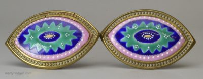 Pair of Bilston enamel cloak hooks, circa 1780