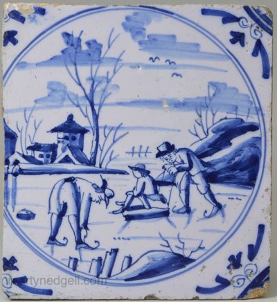 London delft tile, ice skaters, circa 1750