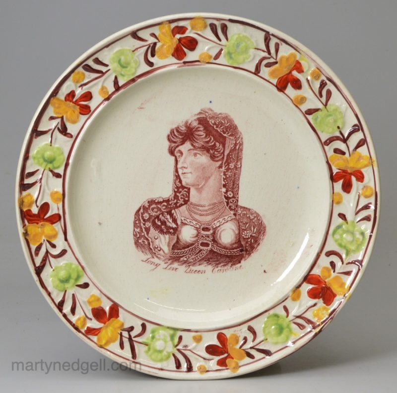 Pearlware pottery commemorative plate 'Long Live Queen Caroline', circa 1821