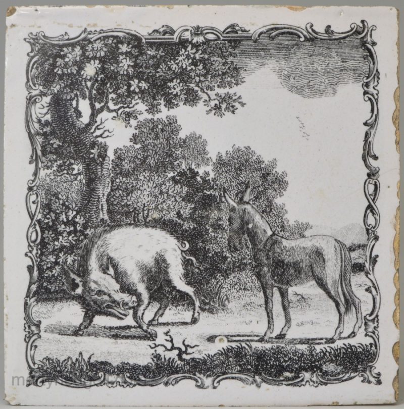 Liverpool Delft tile decorated with a Sadler Æsop's Fable print 'The Sow and the Ass' circa 1770