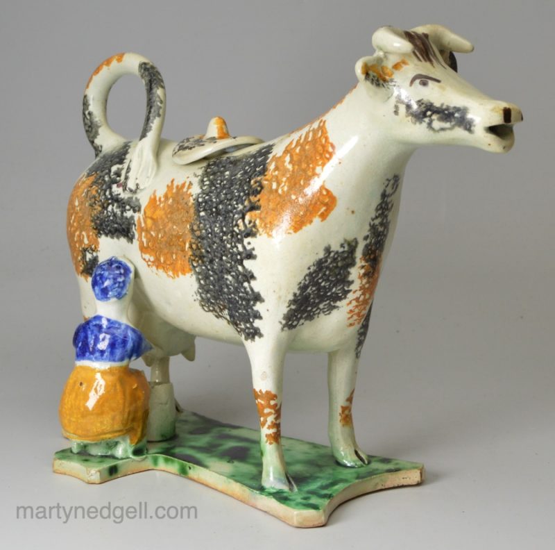 Prattware pottery cow creamer, circa 1780