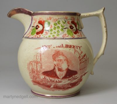 Pearlware pottery commemorative jug 'HUNT AND LIBERTY', circa 1820