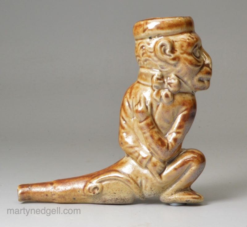 Saltglaze stoneware monkey pipe, circa 1850, probably Brampton Pottery