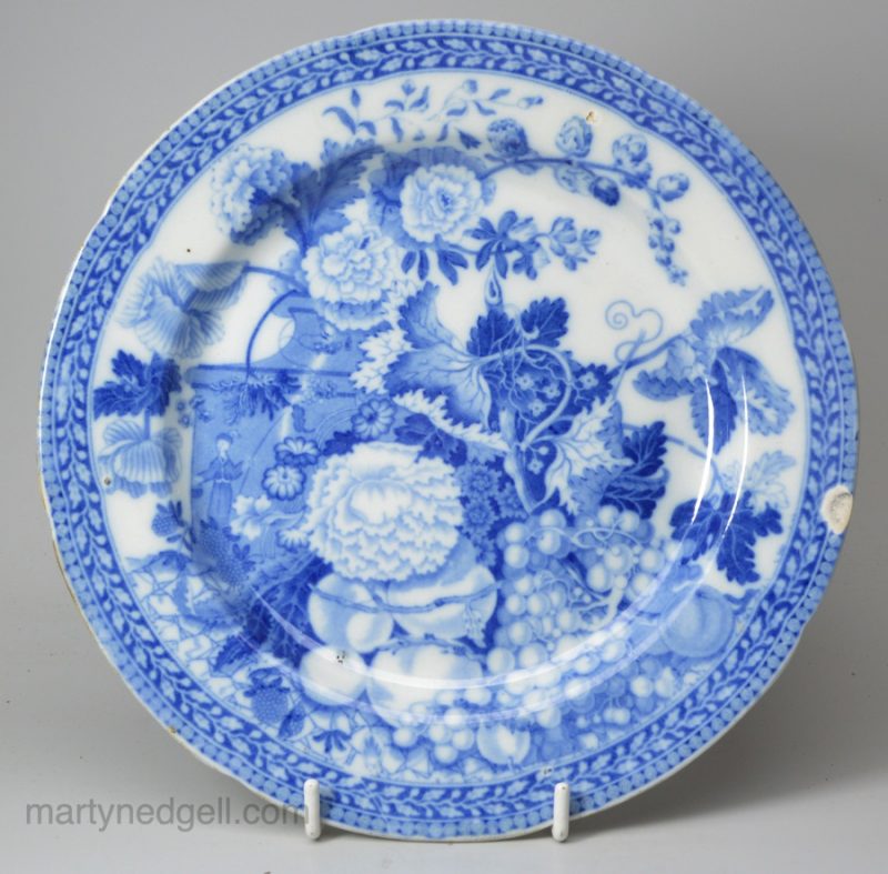 Pearlware pottery plate decorated with a blue transfer print under the glaze, circa 1820, Rogers Pottery Staffordshire