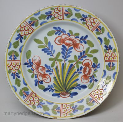 Bristol delft polychrome charger, circa 1740