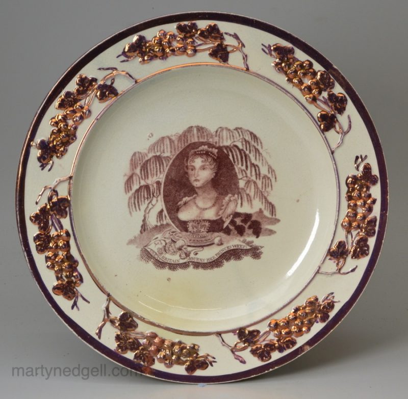 Pearlware pottery plate in memorial of Princess Charlotte, 'GREAT BRITAIN MOURNS HER PRINCES WEEP!', circa 1817