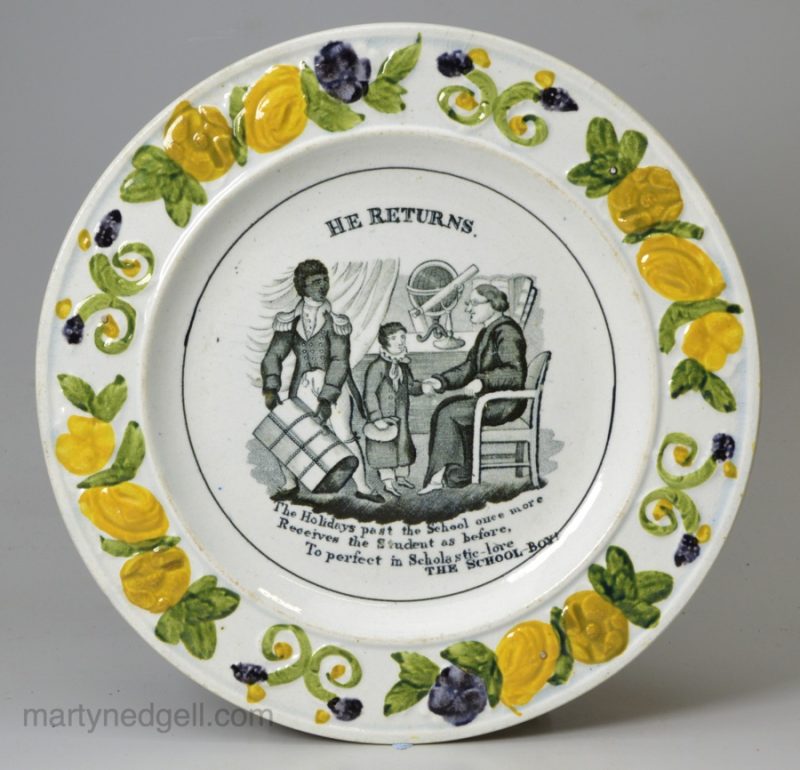 Prattware pottery child's plate 'THE SCHOOL-BOY', 'HE RETURNS', circa 1820