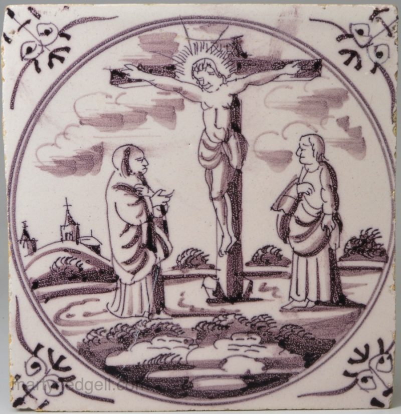 Dutch Delft biblical tile, The Crucifixion, circa 1750