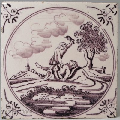 Dutch Delft biblical tile, Cain & Abel, circa 1750