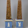 Pair of Staffordshire pearlware pottery obelisks decorated with surface agate ware, circa 1800