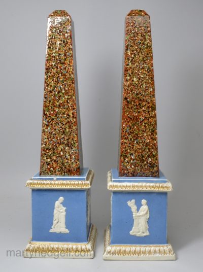 Pair of Staffordshire pearlware pottery obelisks decorated with surface agate ware, circa 1800