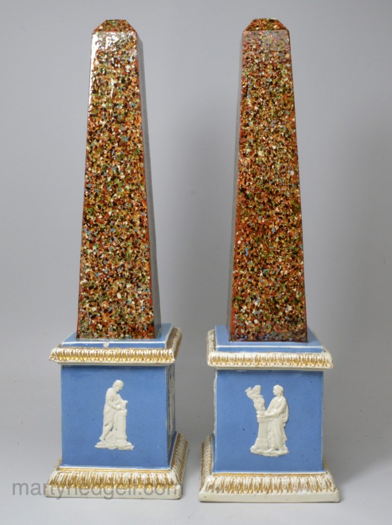 Pair of Staffordshire pearlware pottery obelisks decorated with surface agate ware, circa 1800