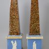 Pair of Staffordshire pearlware pottery obelisks decorated with surface agate ware, circa 1800