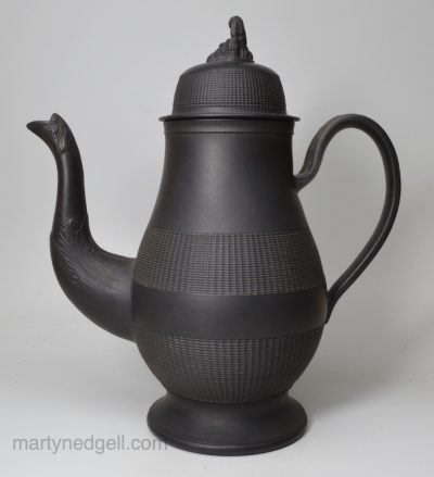 Black basalt coffee pot decorated with engine turning, circa 1800