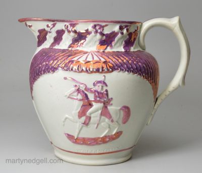 Pearlware pottery commemorative jug moulded with 'WELLINGTON' and 'BLUCHER' and decorated with pink lustre, circa 1815