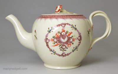 Creamware pottery teapot decorated with overglaze enamels, circa 1780