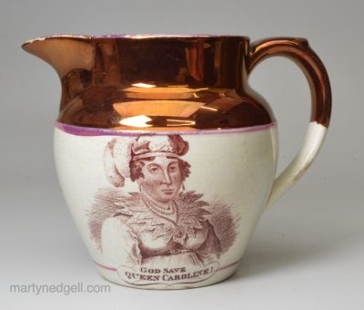 Small commemorative 'GREEN BAG' pearlware pottery jug 'GOD SAVE QUEEN CAROLINE', circa 1821