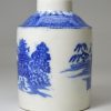 Small pearlware pottery tea canister decorated with blue chinoiserie pattern under the glaze, circa 1810