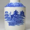 Small pearlware pottery tea canister decorated with blue chinoiserie pattern under the glaze, circa 1810