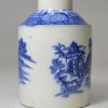 Small pearlware pottery tea canister decorated with blue chinoiserie pattern under the glaze, circa 1810