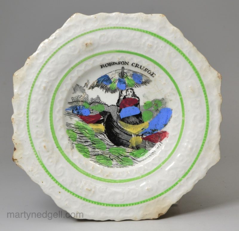 Pearlware pottery child's plate 'ROBINSON CRUSOE', circa 1840