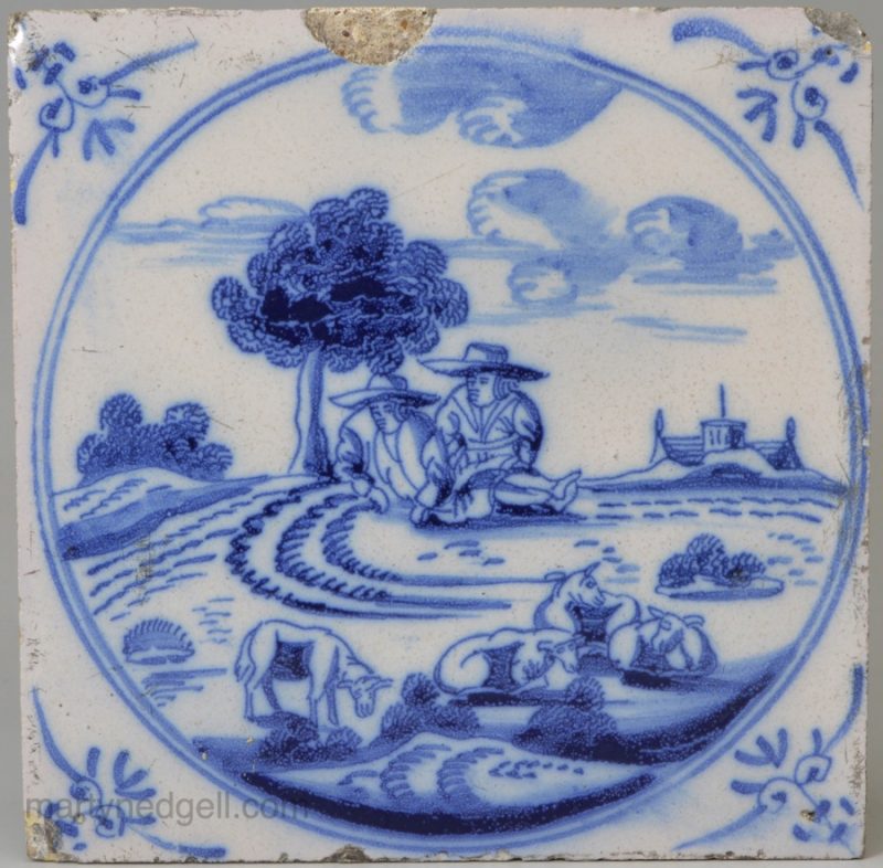 Dutch Delft tile painted with shepherds, circa 1720