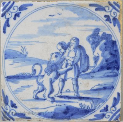 London delft biblical tile, Samson killing the Lion, circa 1740