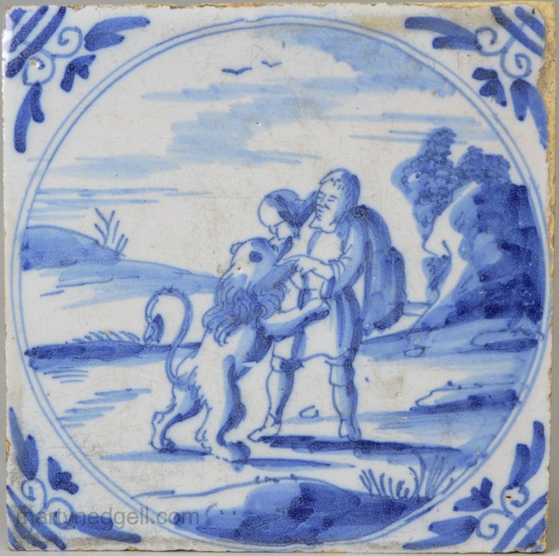 London delft biblical tile, Samson killing the Lion, circa 1740