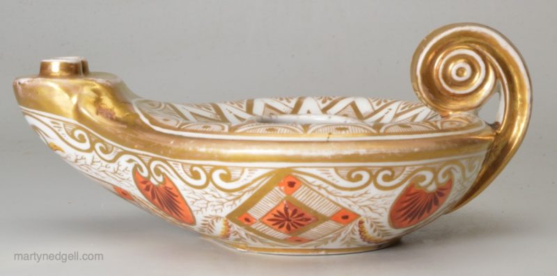 English porcelain ink well in the shape of a Roman oil lamp, circa 1820, probably Derby