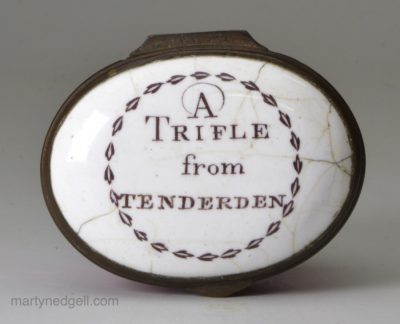 Bilston enamel patch box, circa 1780 'A Trifle from TENTERDEN'