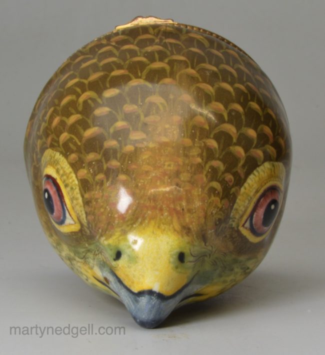 Rare Bilston enamel hawks head bonbonniére, circa 1770