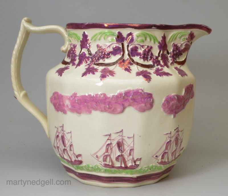 Lustre jug moulded with three ships and Bacchanalian boys, circa 1830