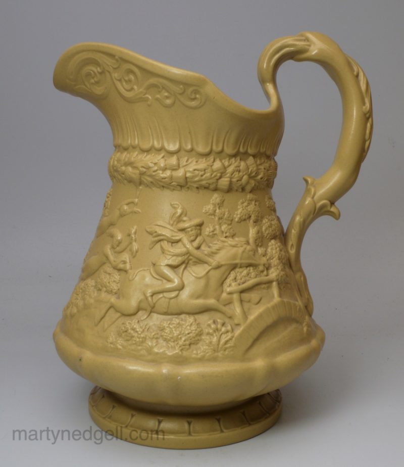 Ridgeways stoneware jug moulded with scenes from Tom O'Shanter, circa 1840