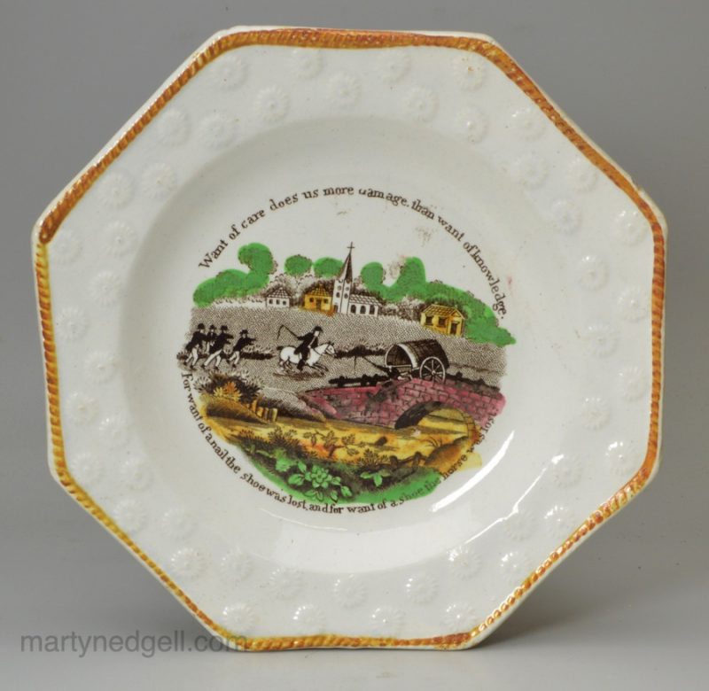 Pearlware pottery child's plate 'Want of care does us more damage than want of Knowledge', circa 1840