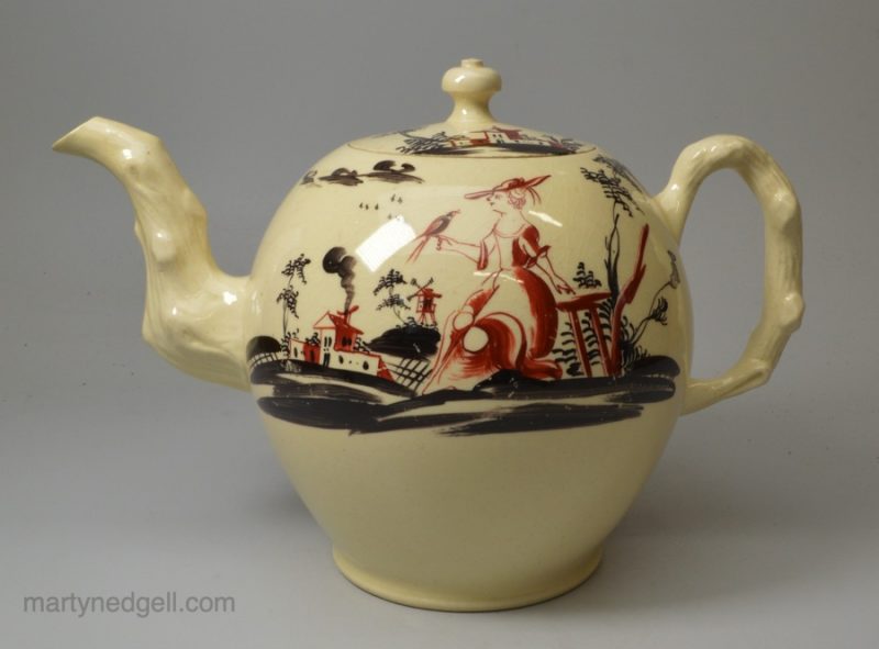 Creamware pottery teapot decorated with Miss Pitt style enamels over the glaze, circa 1770