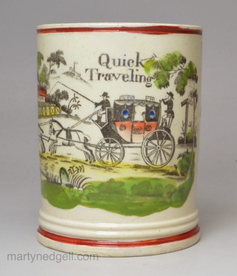 Creamware pottery mug printed with 'Quick Travelling', circa 1820