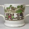 Pearlware pottery loving cup printed with a railway train, circa 1850