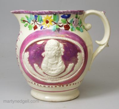 Pearlware pottery commemorative jug moulded with 'SUCESS TO QUEEN CAROLINE', circa 1821