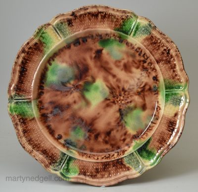 Creamware pottery plate with Whieldon type coloured glaze decoration, circa 1770