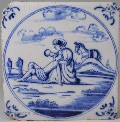 Dutch Deft biblical tile, Good Samaritan, circa 1750