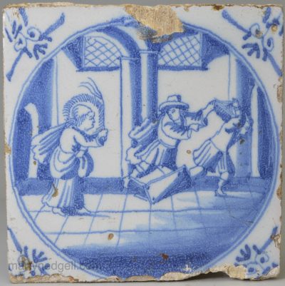 Dutch Deft biblical tile, The Cleansing of the Temple, circa 1740