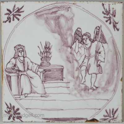 London delft biblical tile, The Annunciation, circa 1740