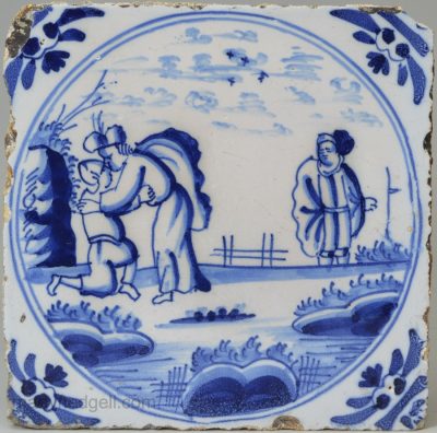 London delft biblical tile, The Return of the Prodigal Son, circa 1750