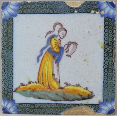 Liverpool delft biblical polychrome tile decorated with a Chinese woman, circa 1750