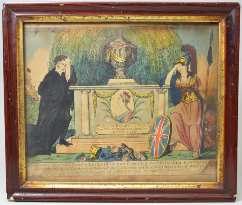 Hand coloured print of a memorial to Princess Charlotte, London Published Dec. 17, 1817 by P & P Galley 9 Turnmill St Clerkenwell